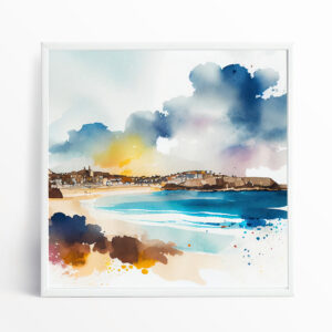 St Ives Coastal Watercolor Blue Art for Living Room | Cornwall Beach Wall Art