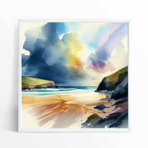 Watergate Bay Watercolor Landscape Blue Art | Serene Living Room Beach Decor