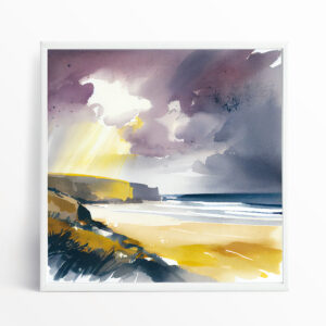 Watergate Bay Watercolor Coastal Landscape Wall Art | Serene Blue Ocean Home Decor