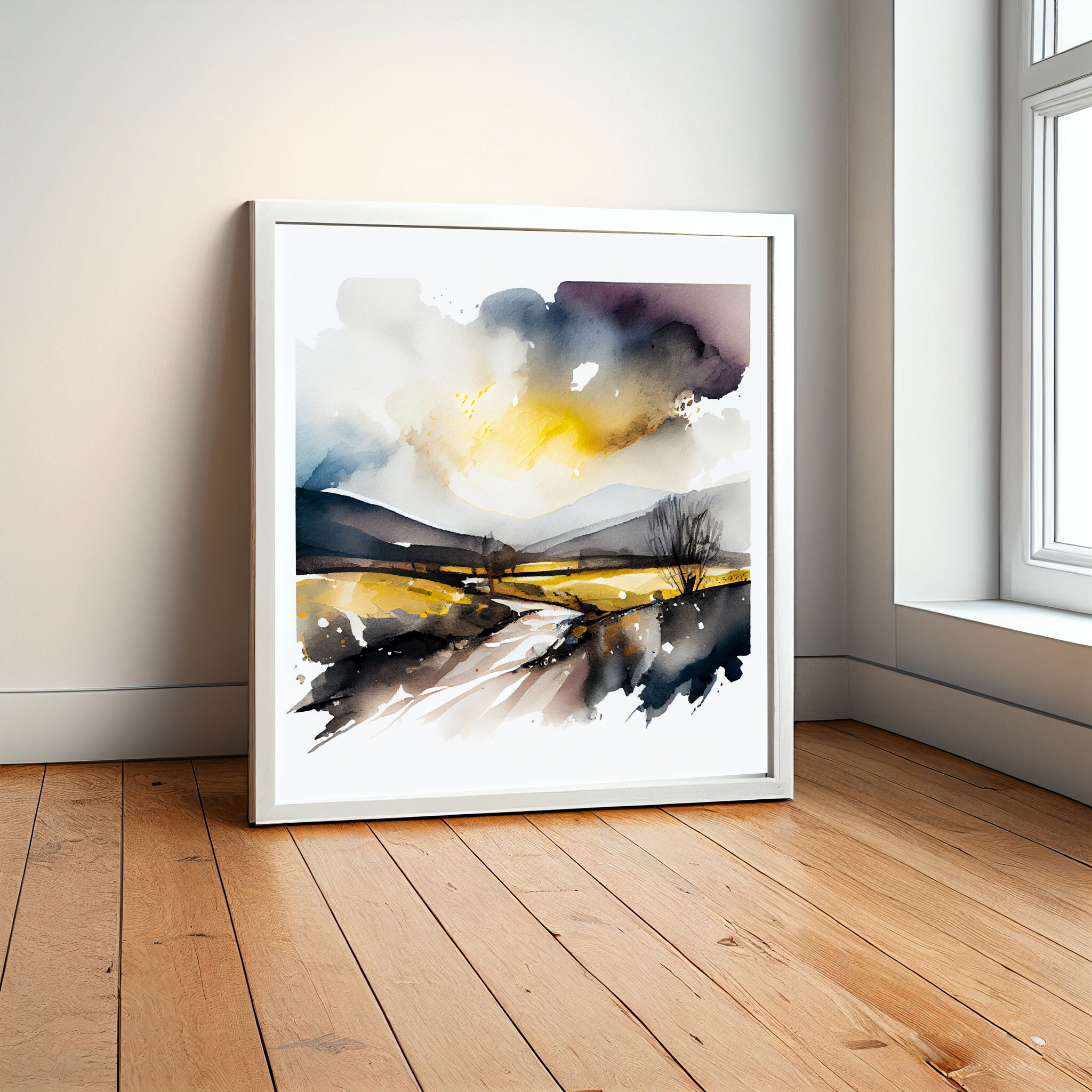 Ribble Valley Watercolor Landscape with Yellow Grey Tones | Living Room Wall Art -