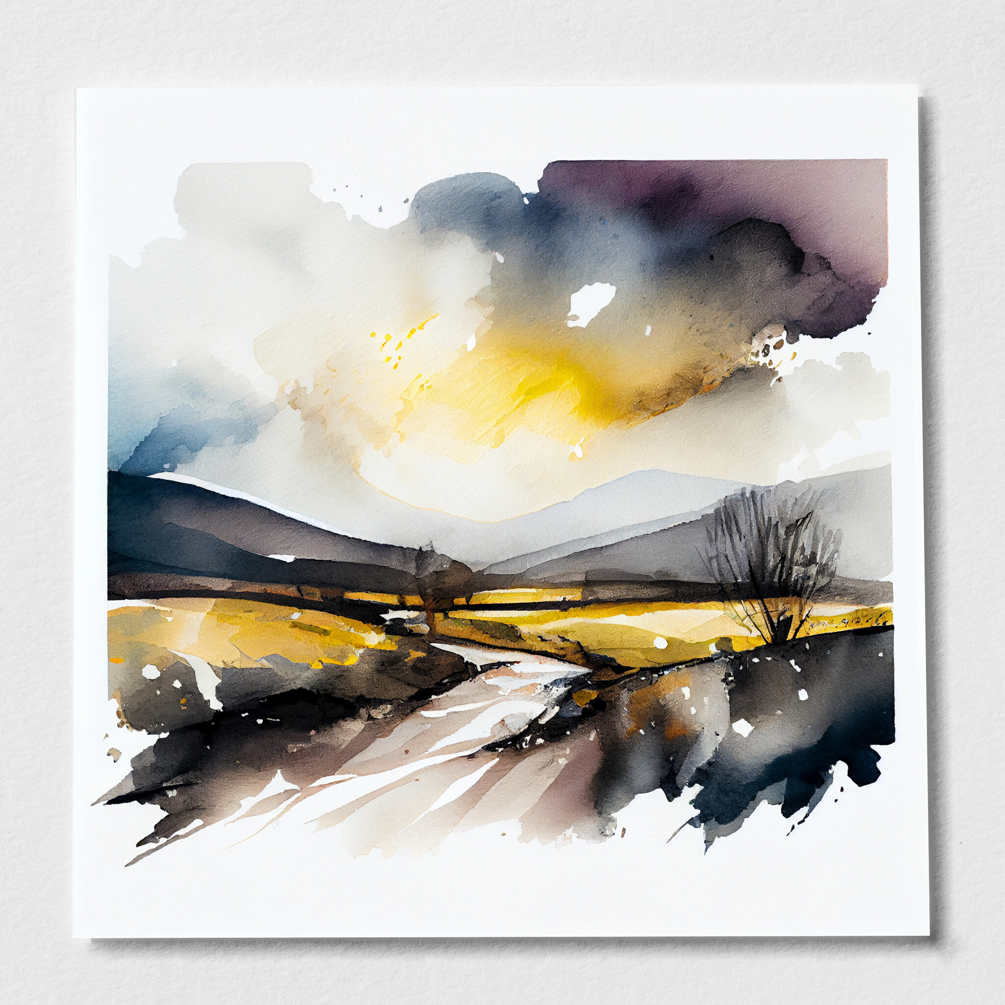 Ribble Valley Watercolor Landscape with Yellow Grey Tones | Living Room Wall Art - P