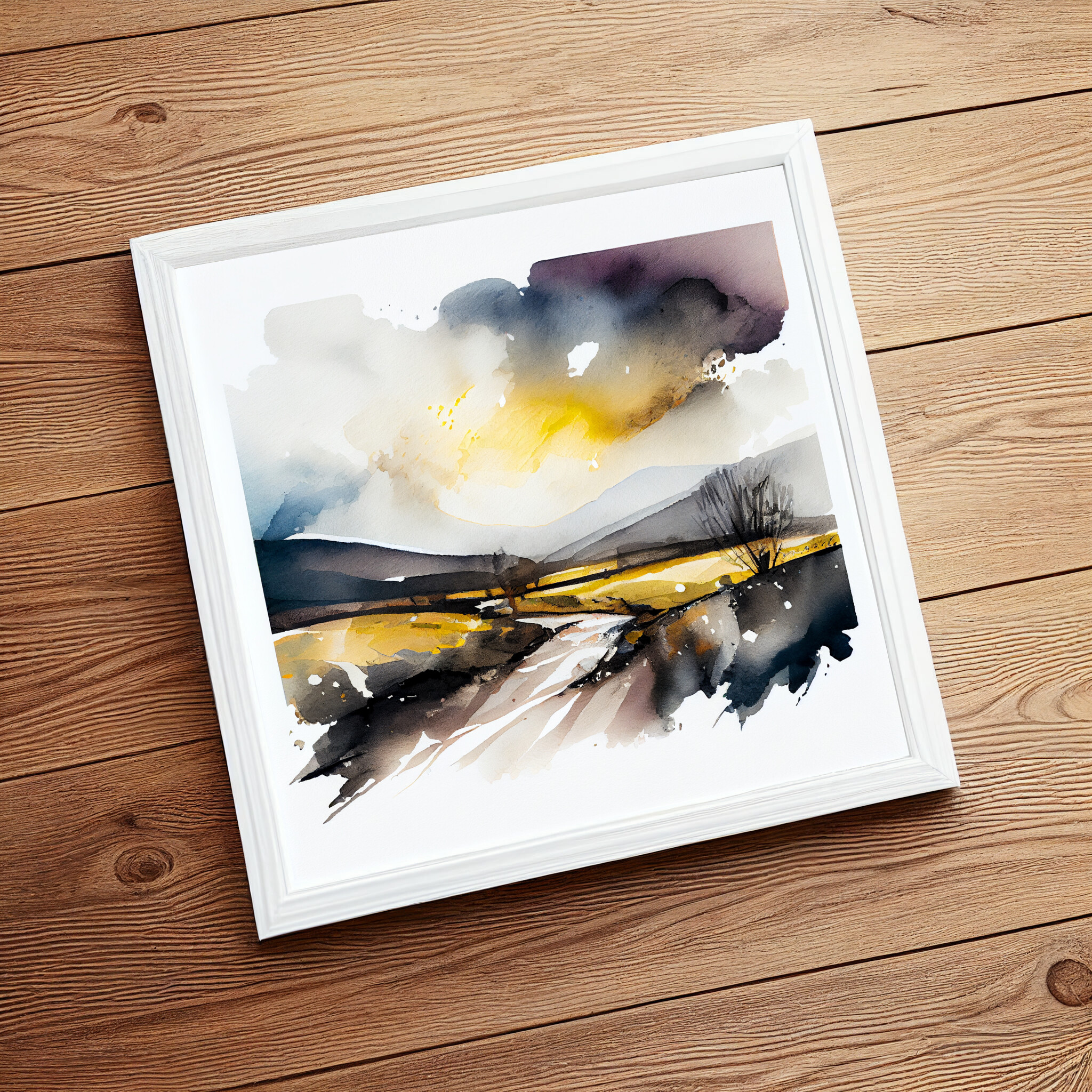Ribble Valley Watercolor Landscape with Yellow Grey Tones | Living Room Wall Art -