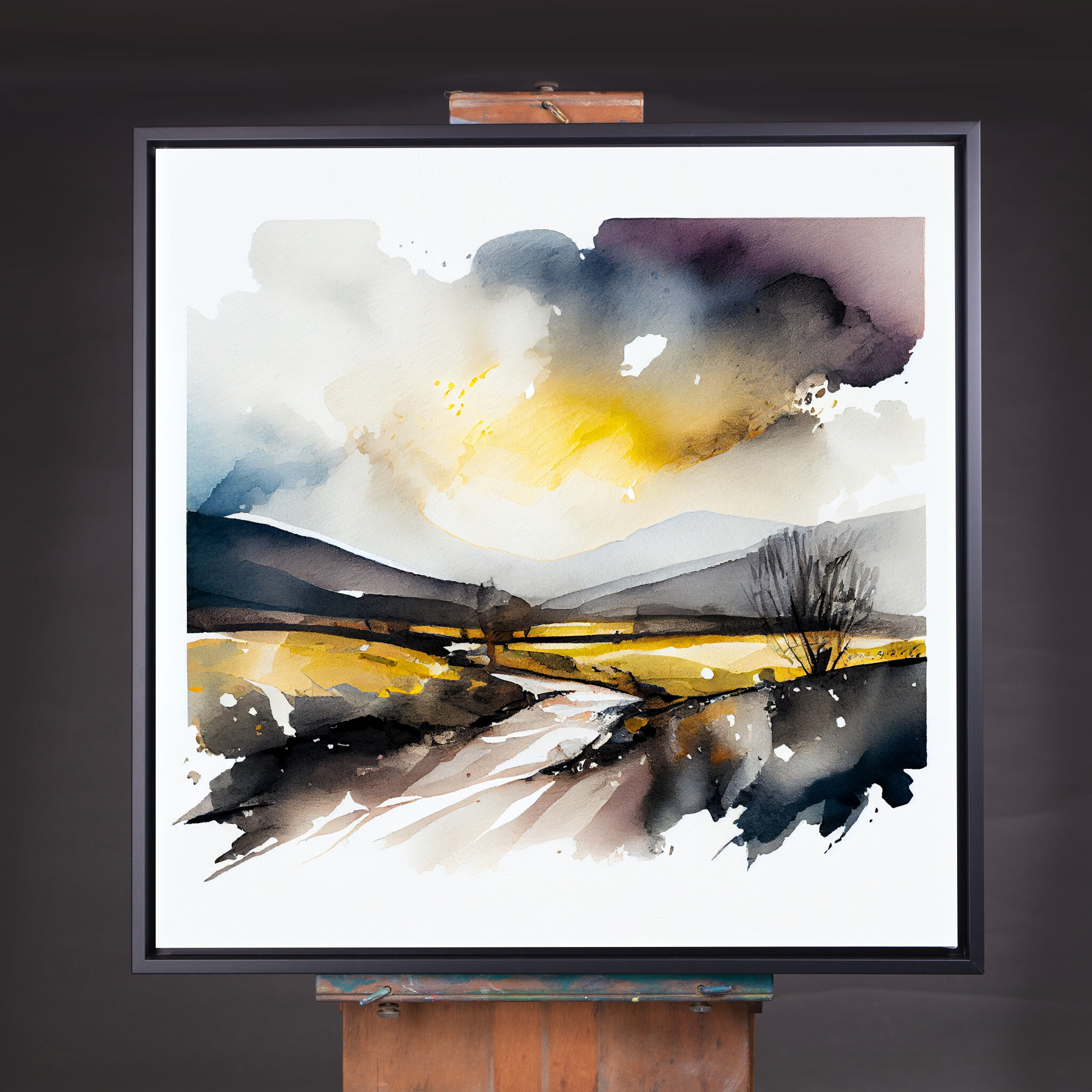 Ribble Valley Watercolor Landscape with Yellow Grey Tones | Living Room Wall Art - CBF