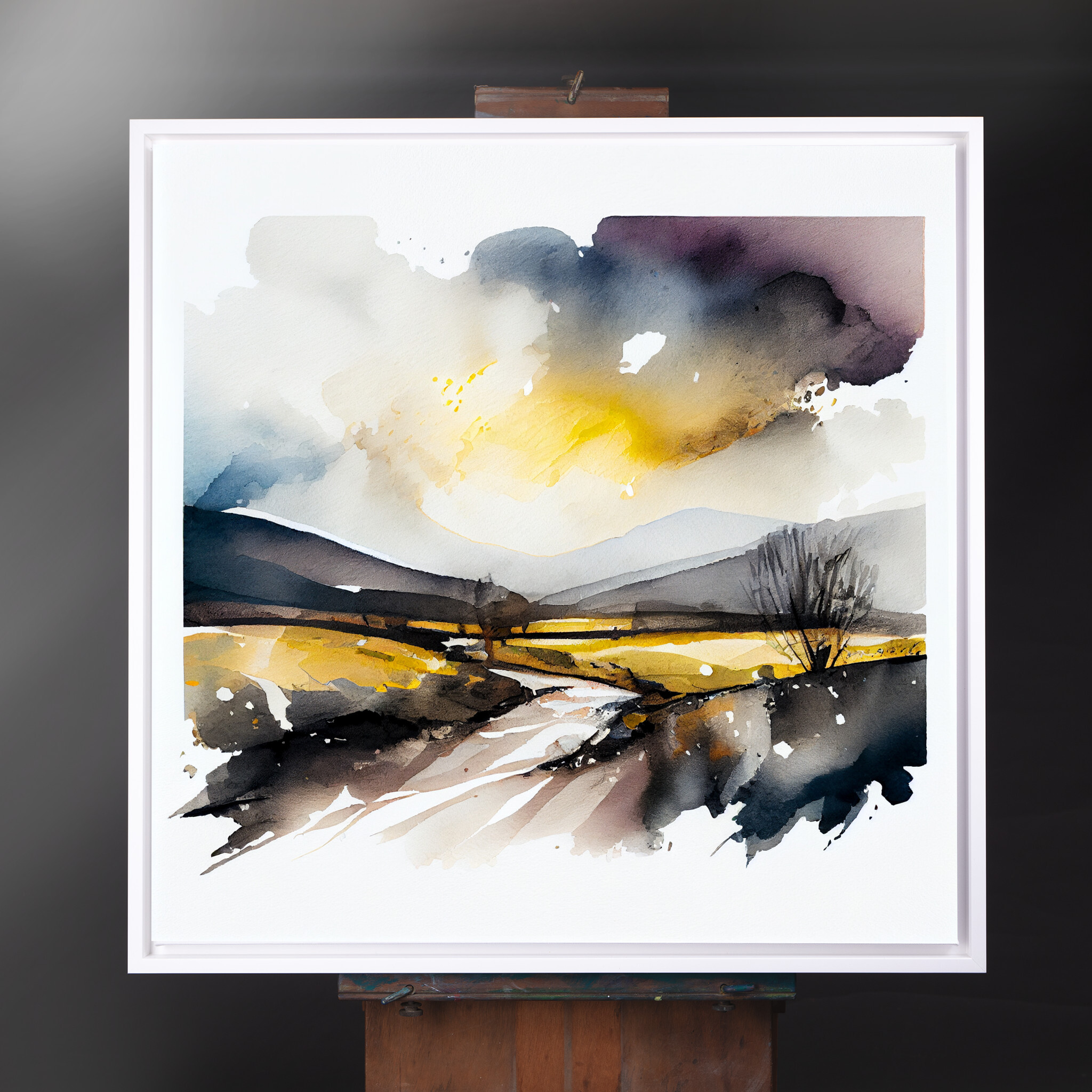 Ribble Valley Watercolor Landscape with Yellow Grey Tones | Living Room Wall Art - CWF