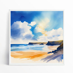 Watergate Bay Coastal Impressionist Blue Beach Decor | Cornwall Canvas Print Wall Art