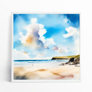 Watergate Bay Cornwall Watercolor Beach Landscape | Blue Art for Living Room Decor