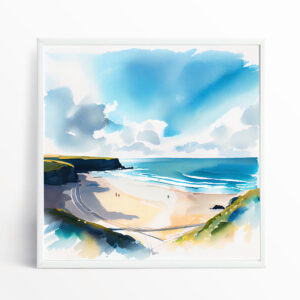 Watergate Bay Seascape Watercolor Blue Tones Coastal Wall Art | Beach Decor