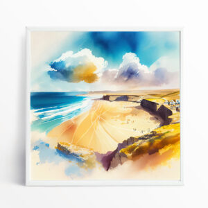 Watergate Bay Coastal Watercolor Blue Living Room Wall Art | Modern Beach Home Decor