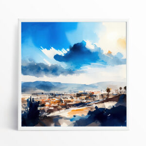 Los Angeles Watercolor Landscape Blue Art for Living Room | Urban Scene Wall Art