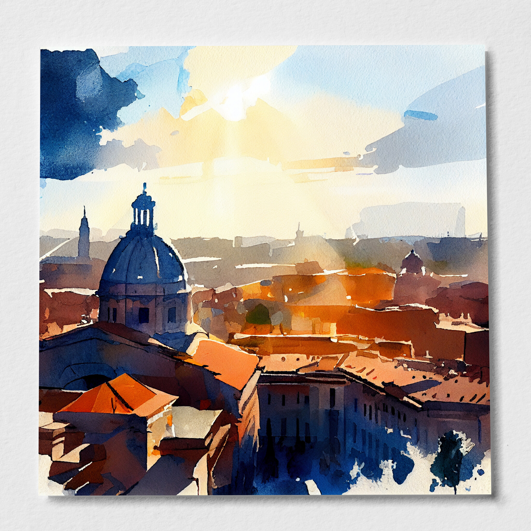 Rome Abstract Landscape Watercolor Modern Living Room Wall Art | Blue & Warm Tones Home Decor - P