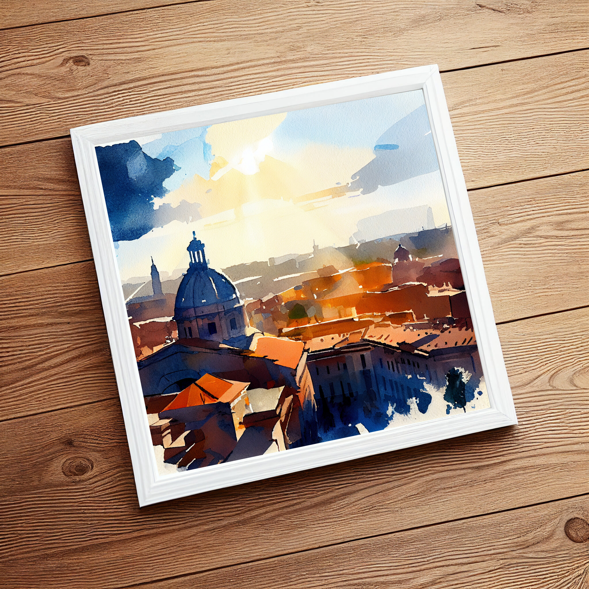 Rome Abstract Landscape Watercolor Modern Living Room Wall Art | Blue & Warm Tones Home Decor -