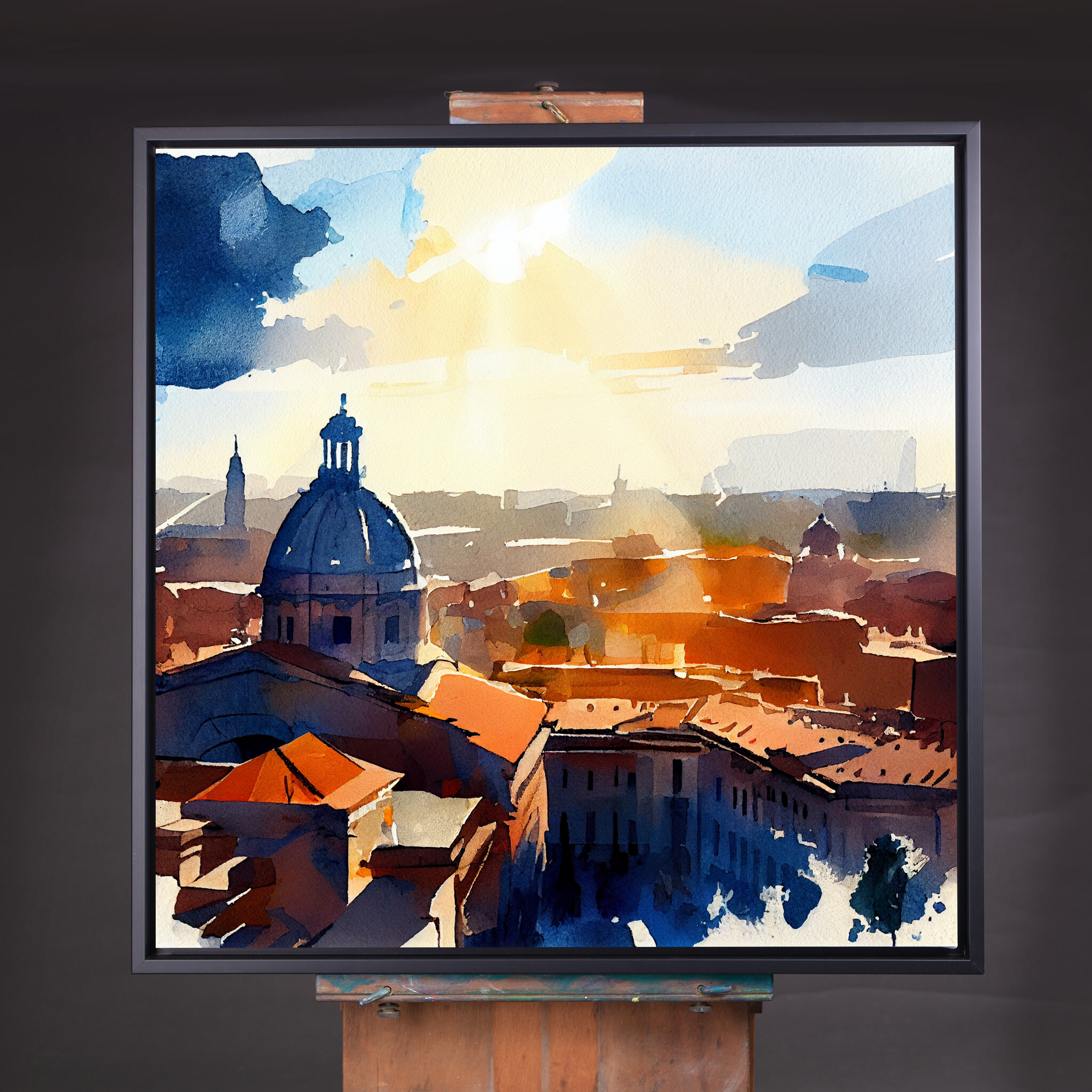 Rome Abstract Landscape Watercolor Modern Living Room Wall Art | Blue & Warm Tones Home Decor - CBF