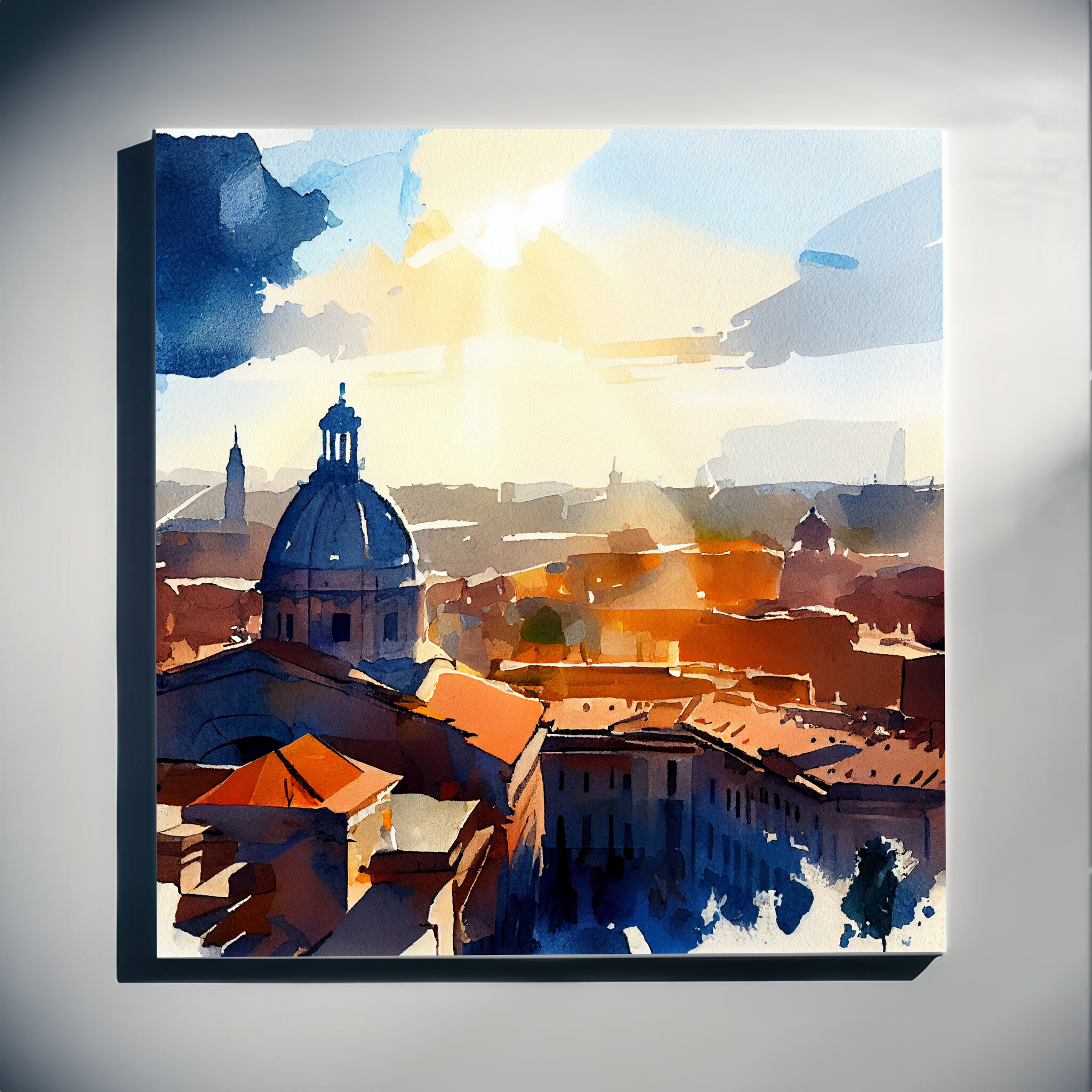 Rome Abstract Landscape Watercolor Modern Living Room Wall Art | Blue & Warm Tones Home Decor - C
