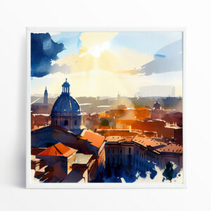 Rome Abstract Landscape Watercolor Modern Living Room Wall Art | Blue & Warm Tones Home Decor
