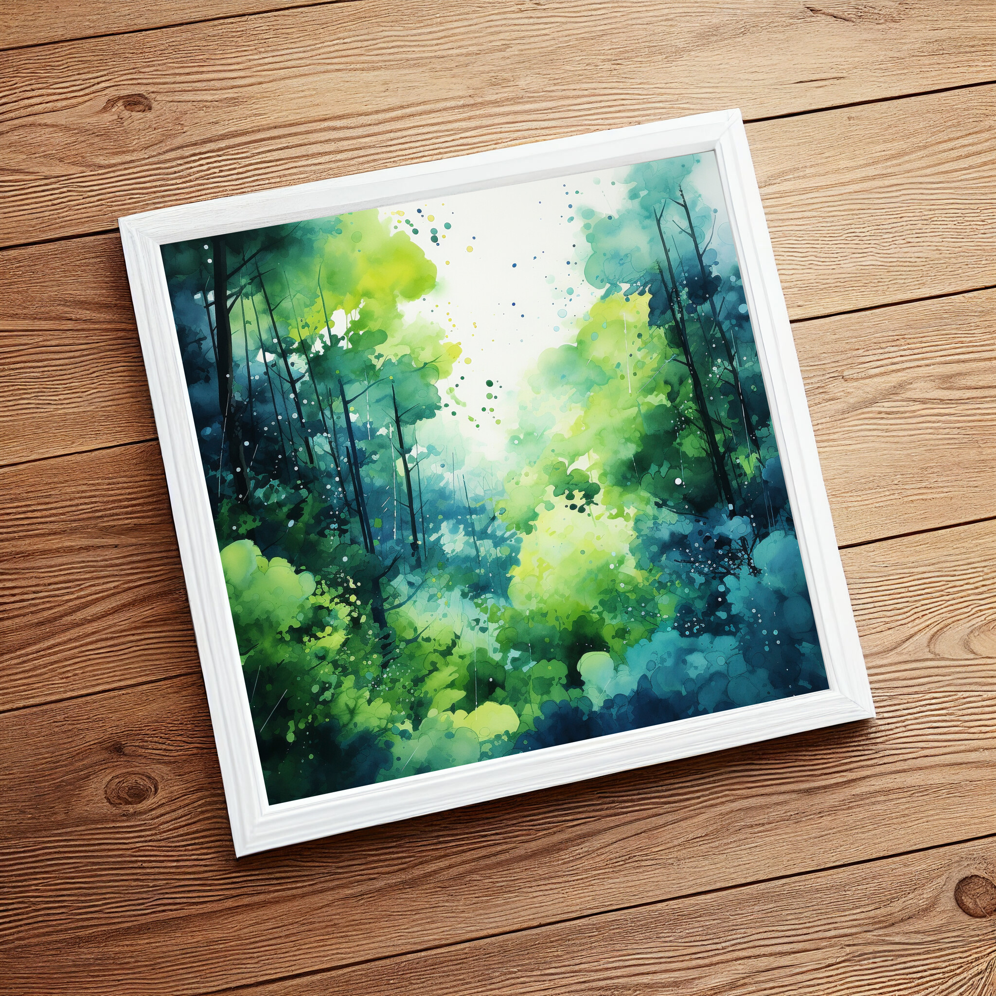 Woodland Abstract Watercolor Green Blue Forest Wall Art | Modern Home Decor -