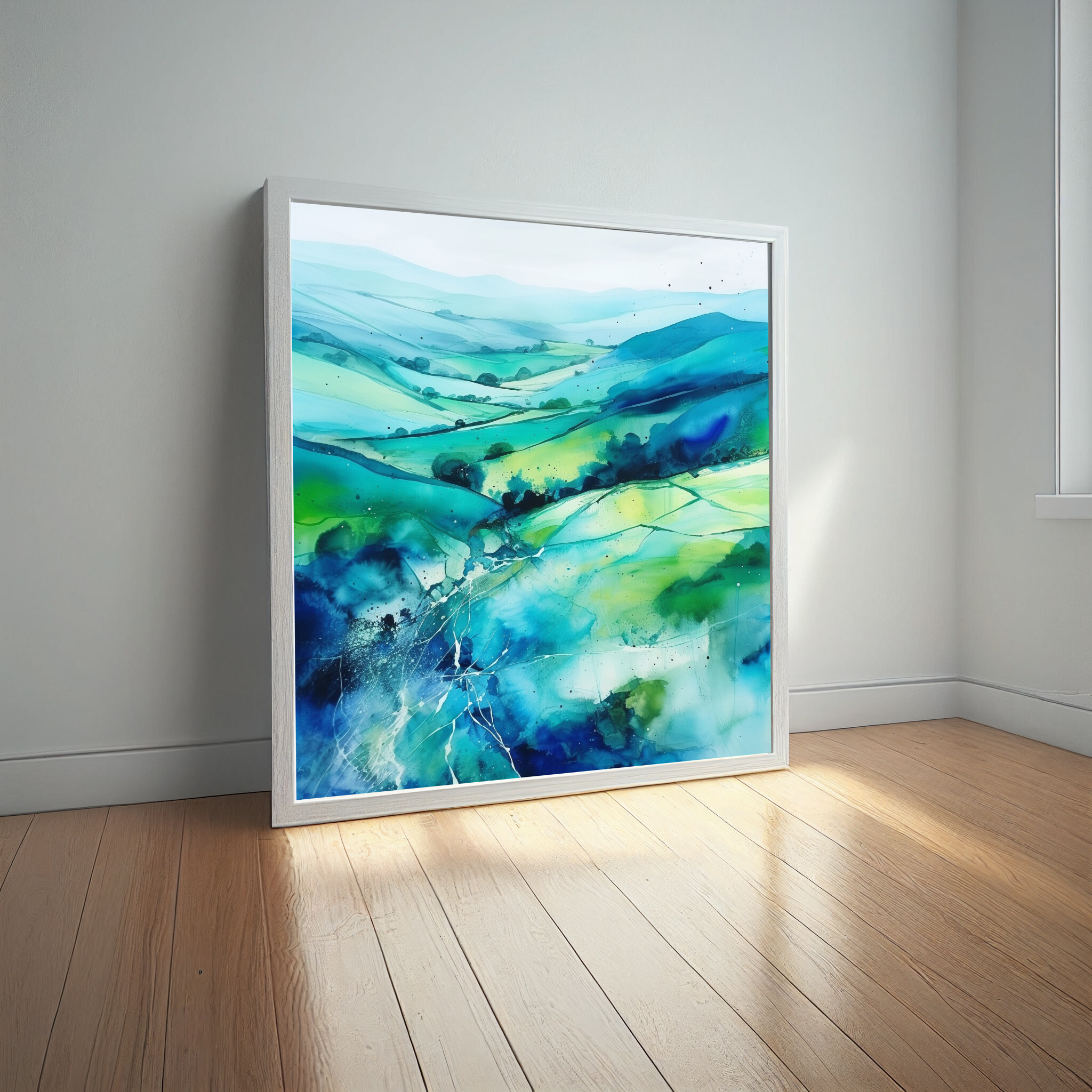 Southdowns Abstract Landscape Blue Green Living Room Wall Art | Modern Home Decor -