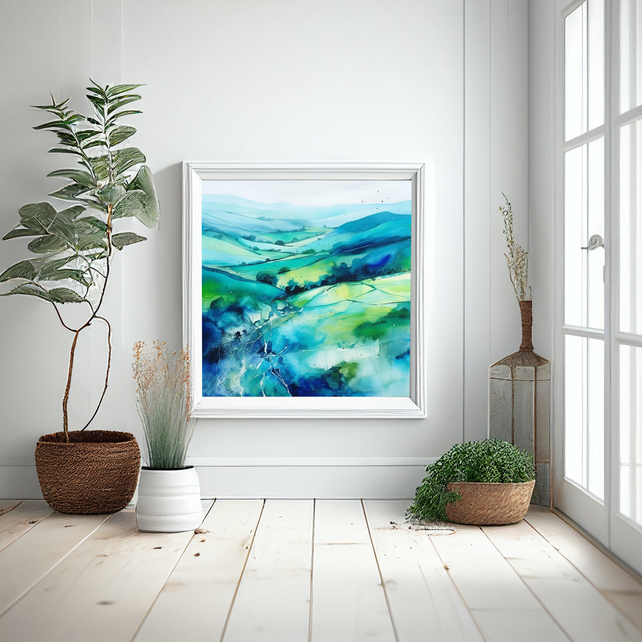 Southdowns Abstract Landscape Blue Green Living Room Wall Art | Modern Home Decor -