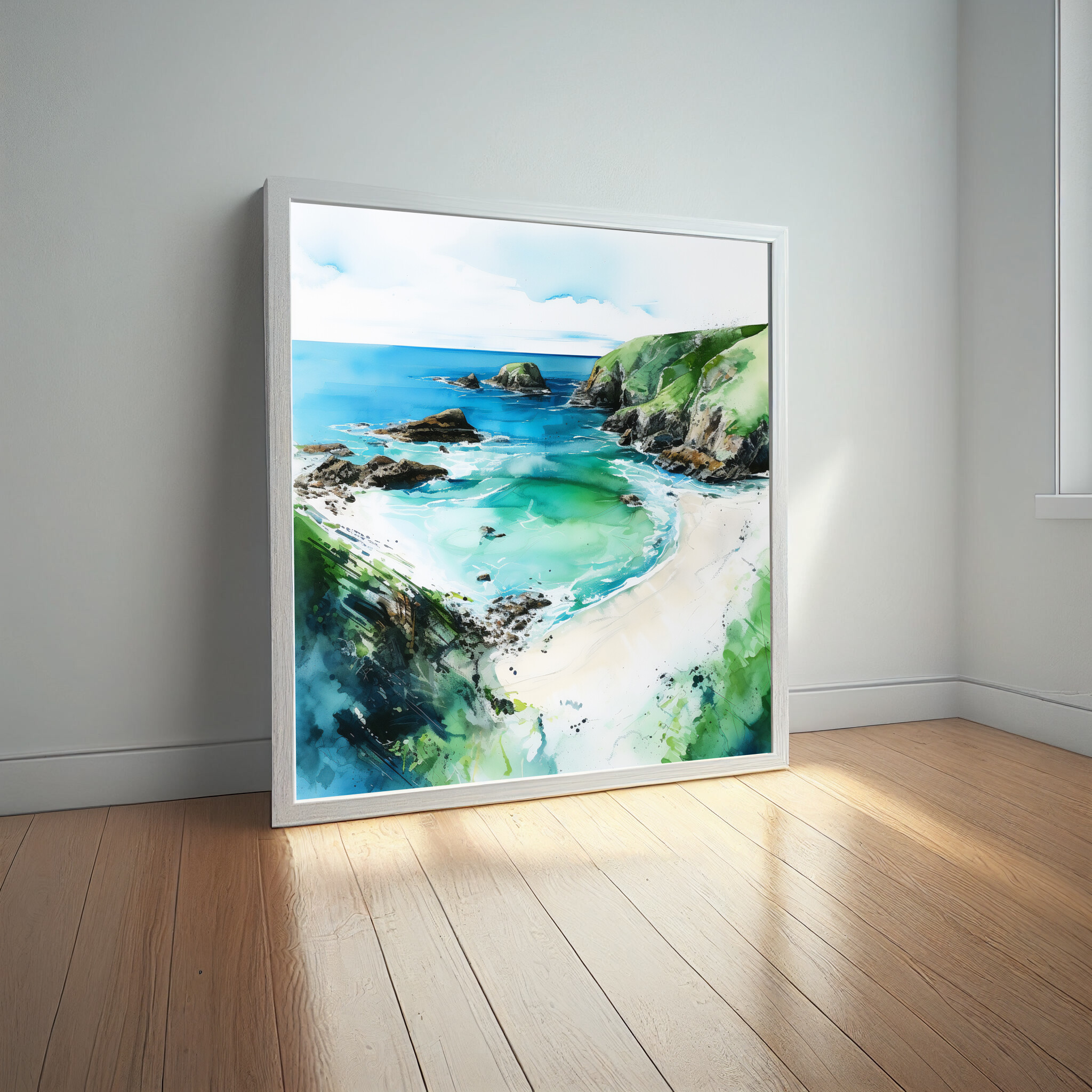 Cornish Coast Impressionist Landscape Blue Art for Living Room | Ocean Canvas Print -