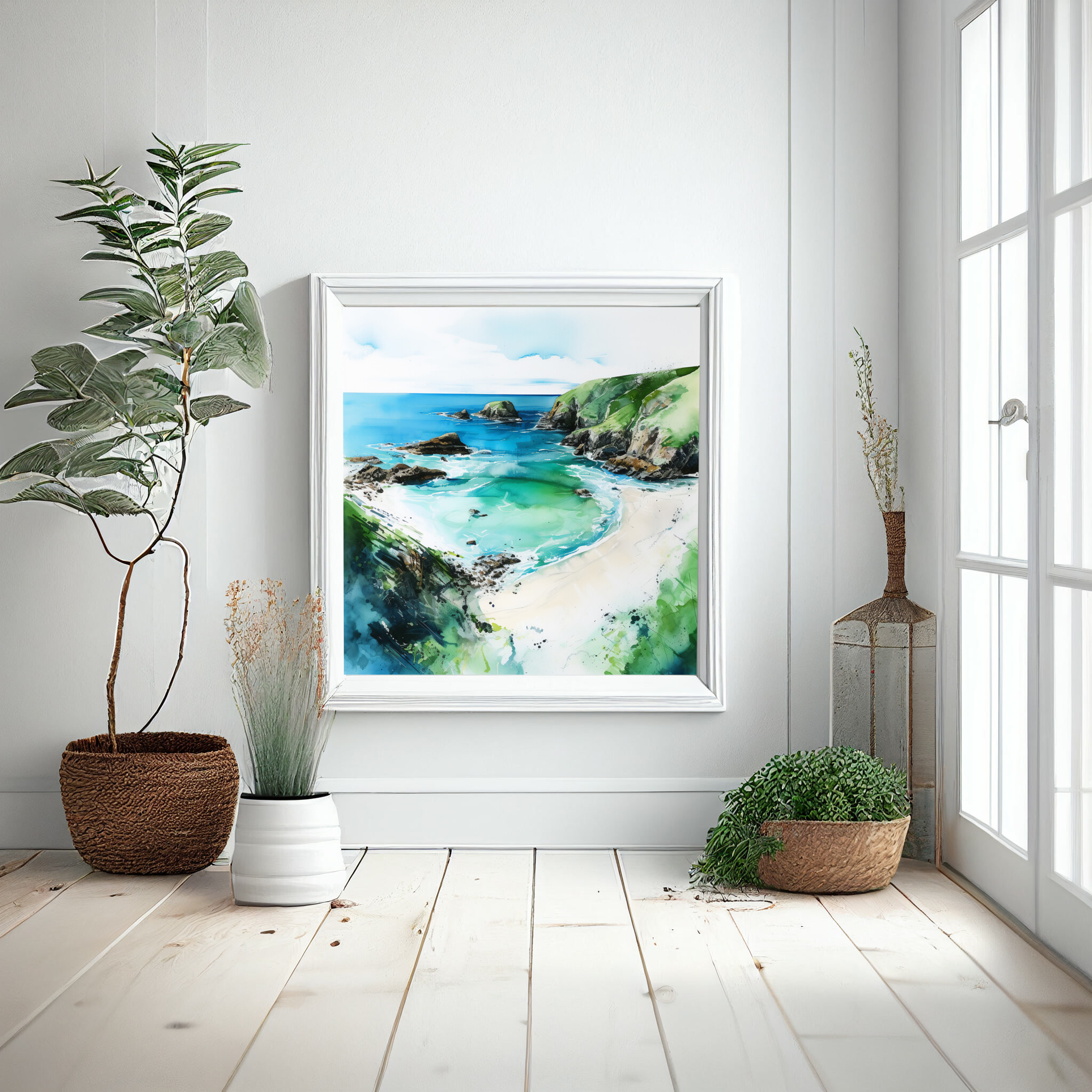 Cornish Coast Impressionist Landscape Blue Art for Living Room | Ocean Canvas Print -