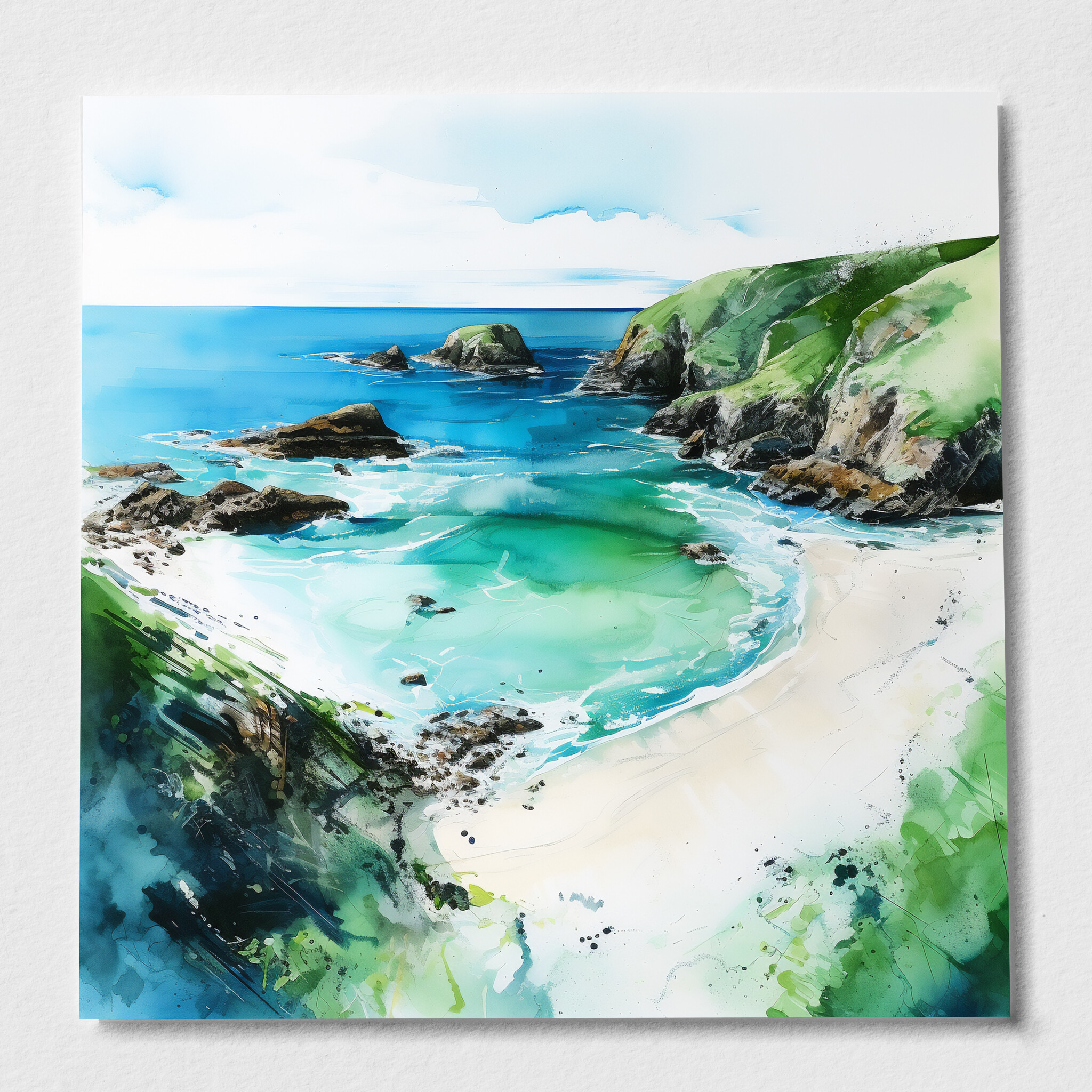 Cornish Coast Impressionist Landscape Blue Art for Living Room | Ocean Canvas Print - P