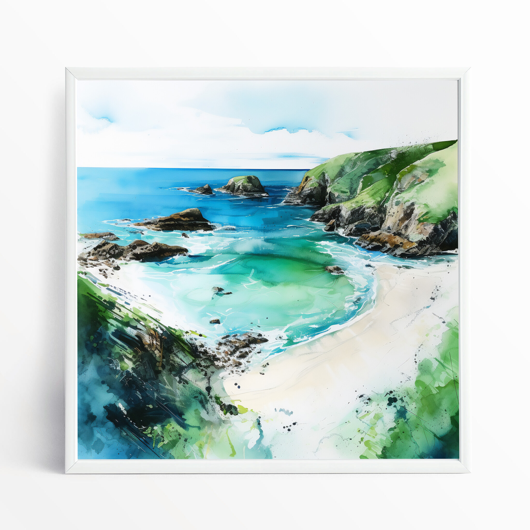 Cornish Coast Impressionist Landscape Blue Art for Living Room | Ocean Canvas Print - WFP