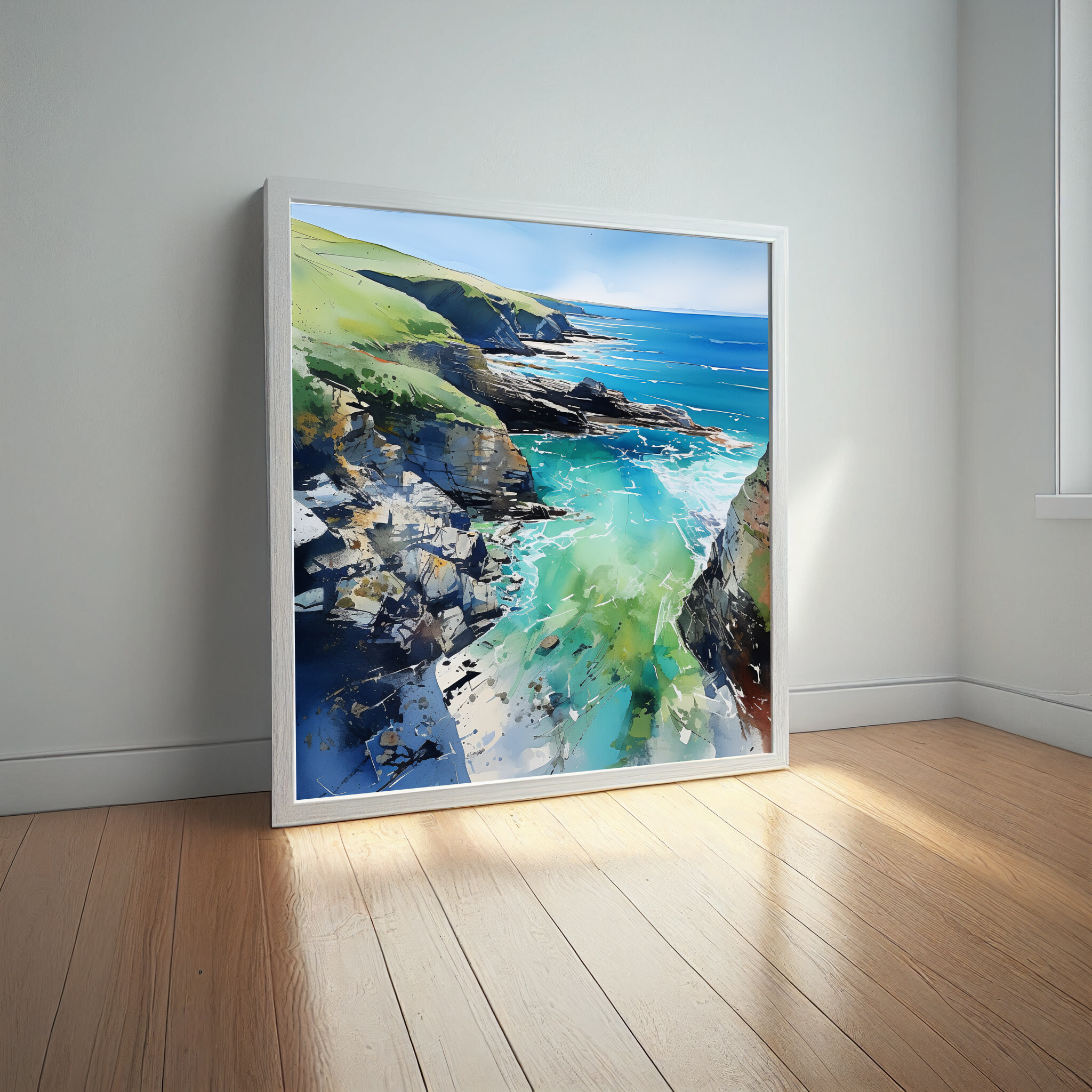 Cornwall Coastline Impressionist Blue Art for Living Room | Coastal Canvas Wall Decor -