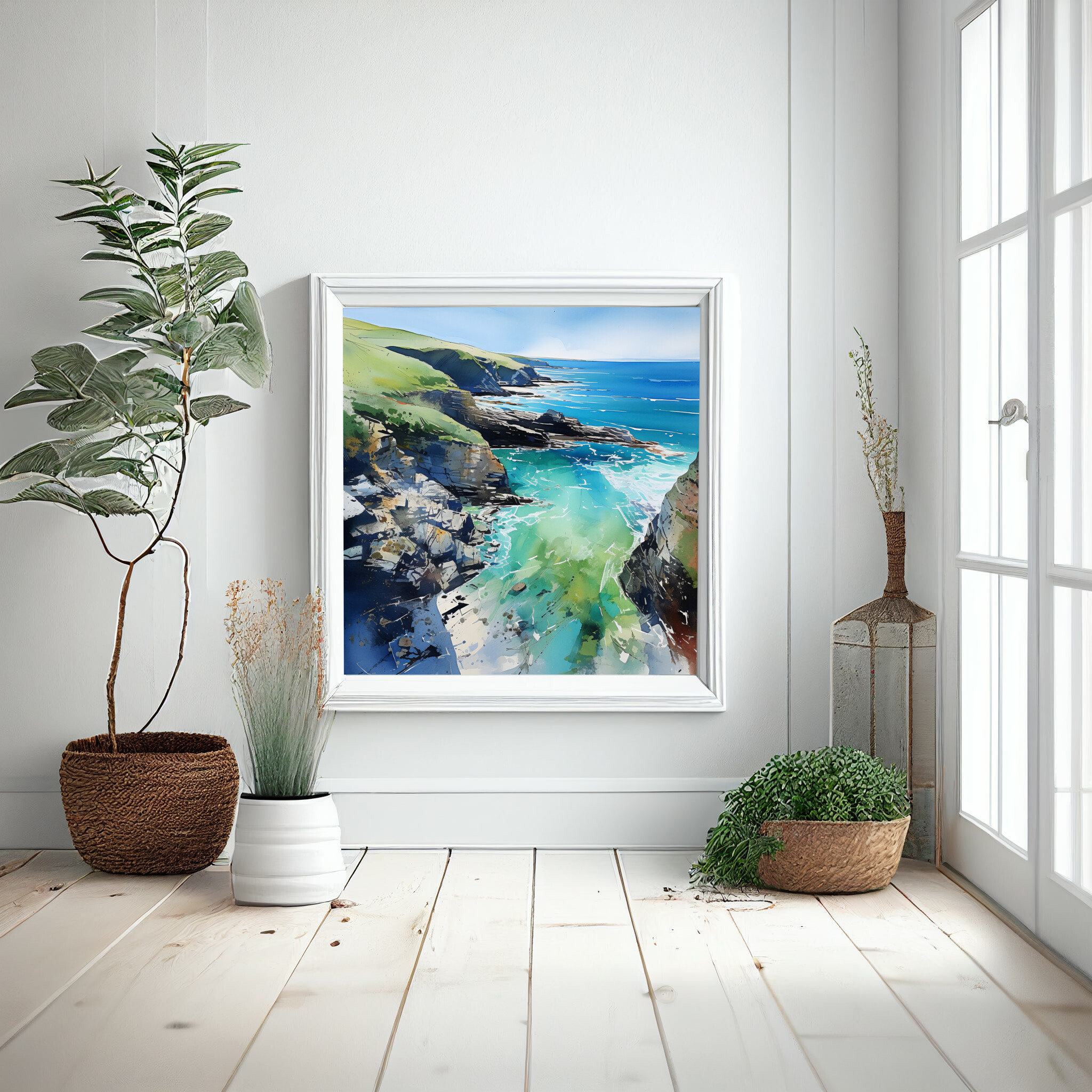 Cornwall Coastline Impressionist Blue Art for Living Room | Coastal Canvas Wall Decor -