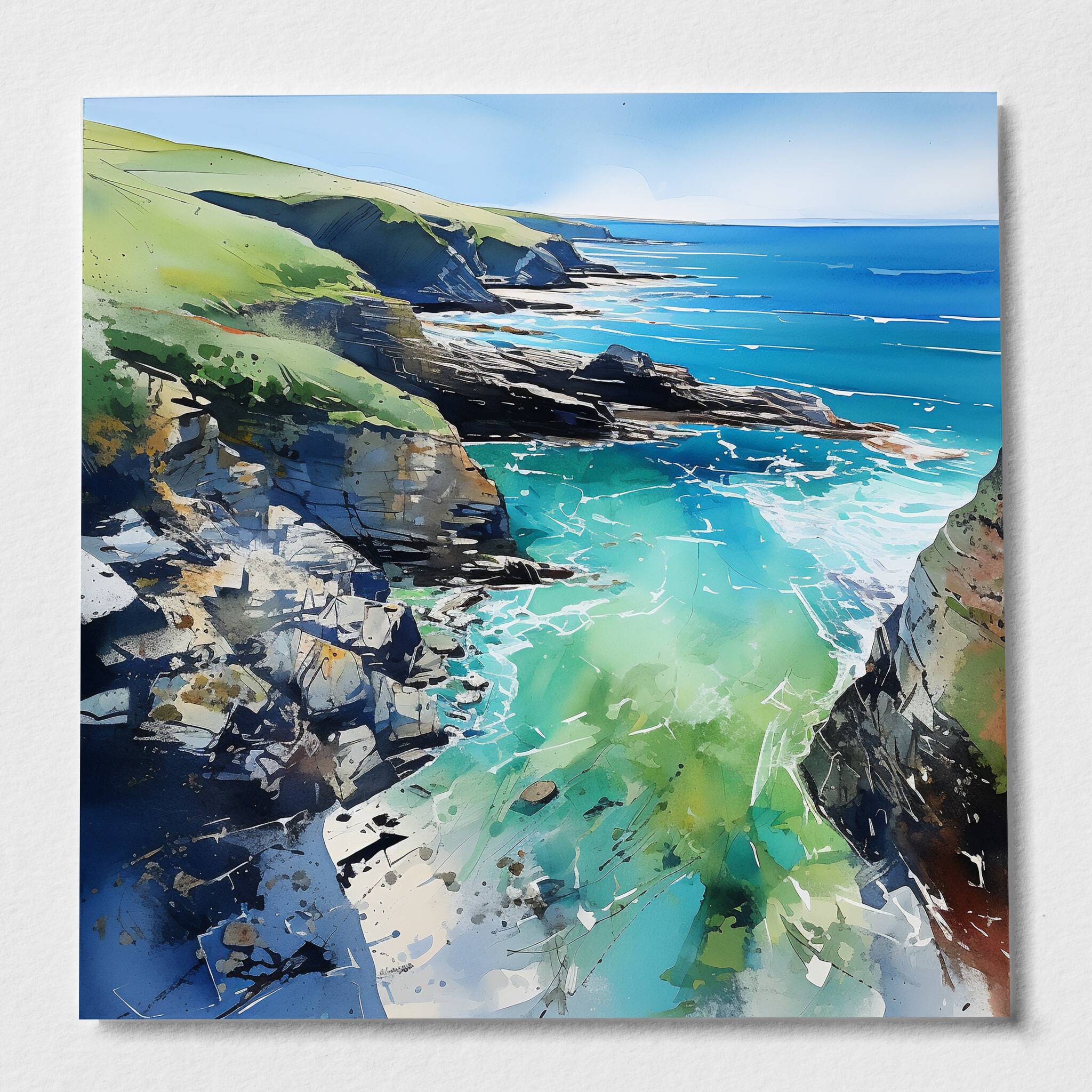 Cornwall Coastline Impressionist Blue Art for Living Room | Coastal Canvas Wall Decor - P