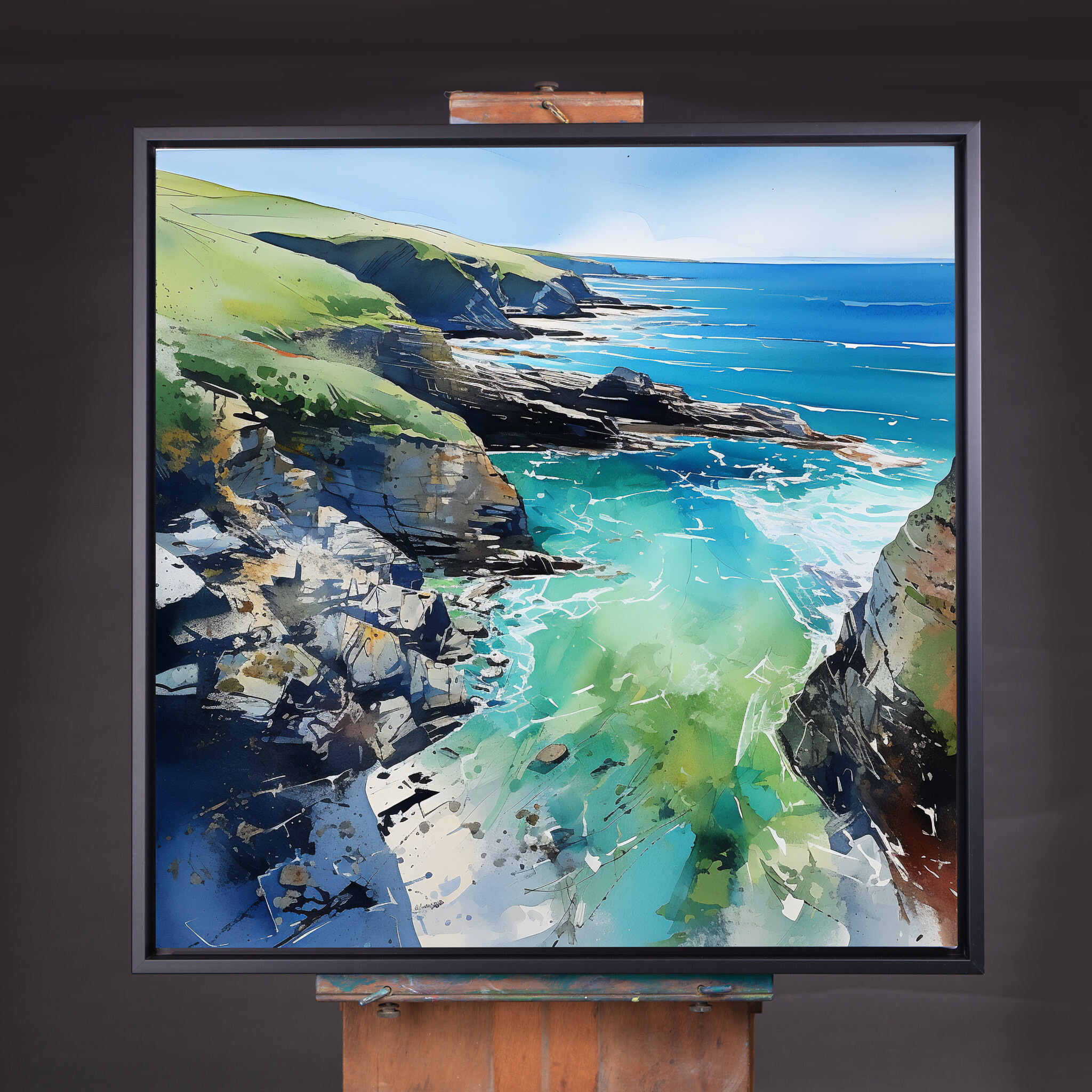 Cornwall Coastline Impressionist Blue Art for Living Room | Coastal Canvas Wall Decor - CBF
