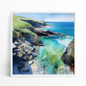 Cornwall Coastline Impressionist Blue Art for Living Room | Coastal Canvas Wall Decor