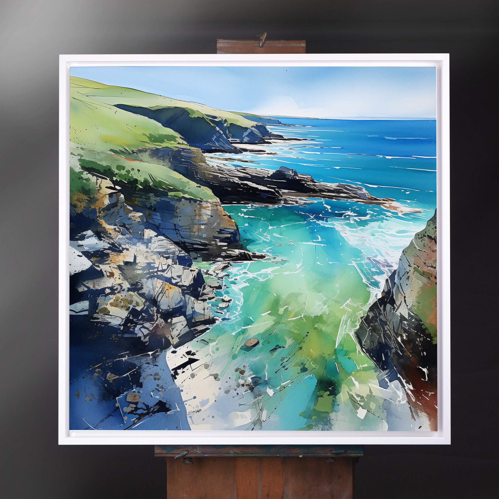 Cornwall Coastline Impressionist Blue Art for Living Room | Coastal Canvas Wall Decor - CWF