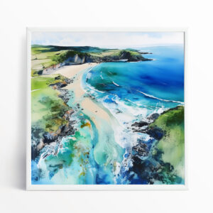 Welsh Coast Impressionist Blue Ocean Landscape Living Room Wall Art | Coastal Home Decor