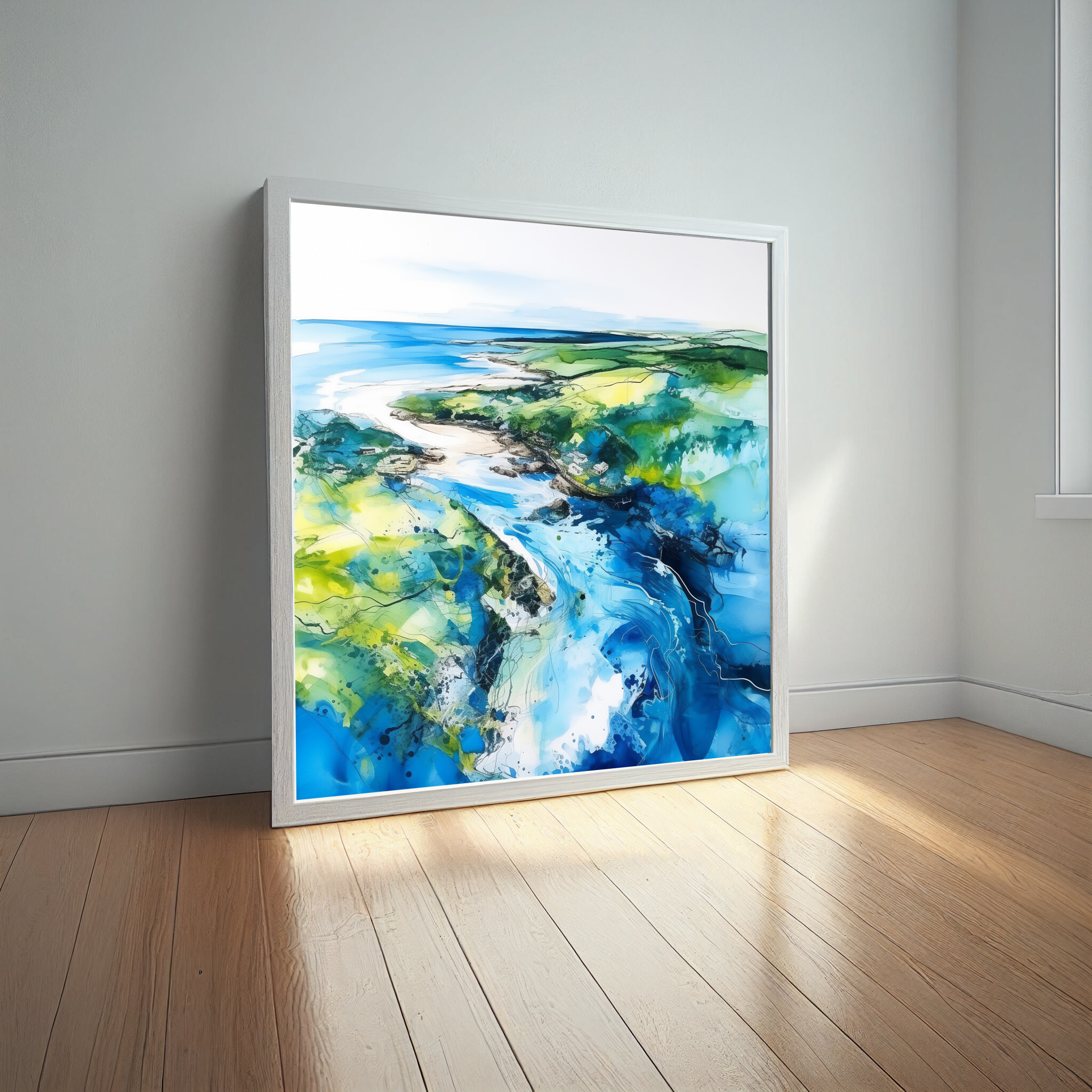 Cornish Coastal Abstract Blue Living Room Wall Art | Ocean Landscape Decor -