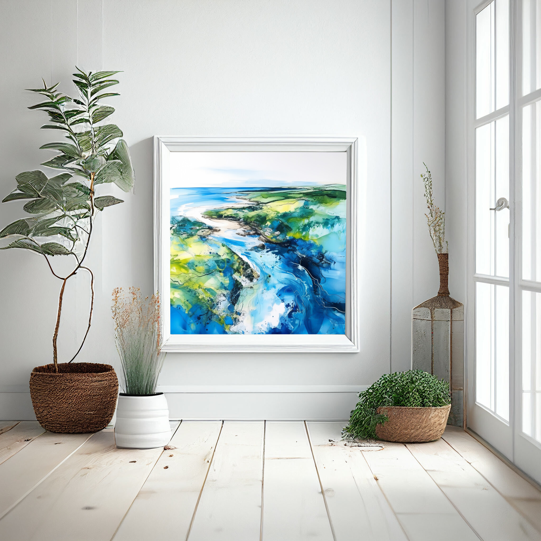 Cornish Coastal Abstract Blue Living Room Wall Art | Ocean Landscape Decor -
