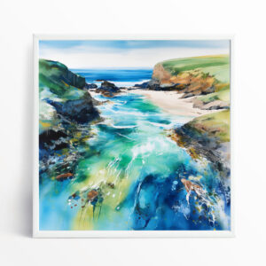 Cornwall Beach Abstract Blue Green Living Room Wall Art | Coastal Home Decor