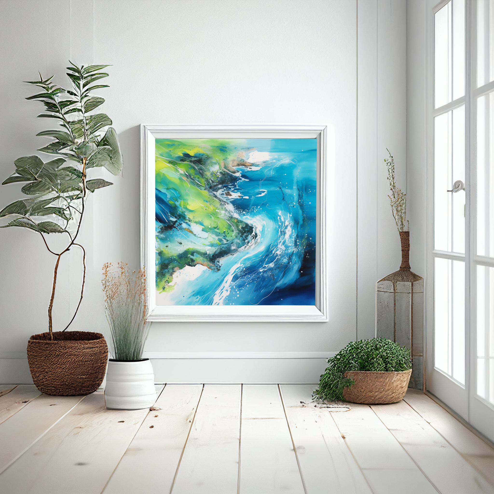 Pembrokeshire Coast Abstract Blue Green Living Room Wall Art | Coastal Landscape Decor -