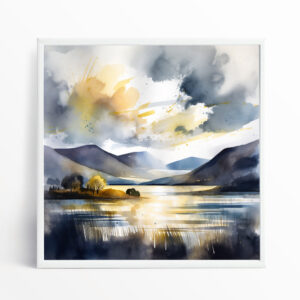 Bassenthwaite Watercolor Landscape with Gold Accents | Living Room Wall Art