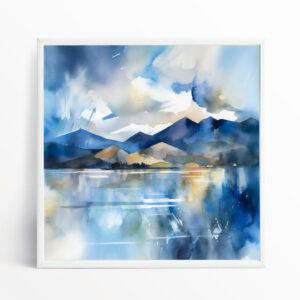 Derwentwater Impressionist Blue Tones Living Room Wall Art | Serene Watercolor Nature Decor