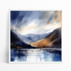 Lakeside Serenity Watercolor Blue Living Room Wall Art | Modern Landscape Home Decor