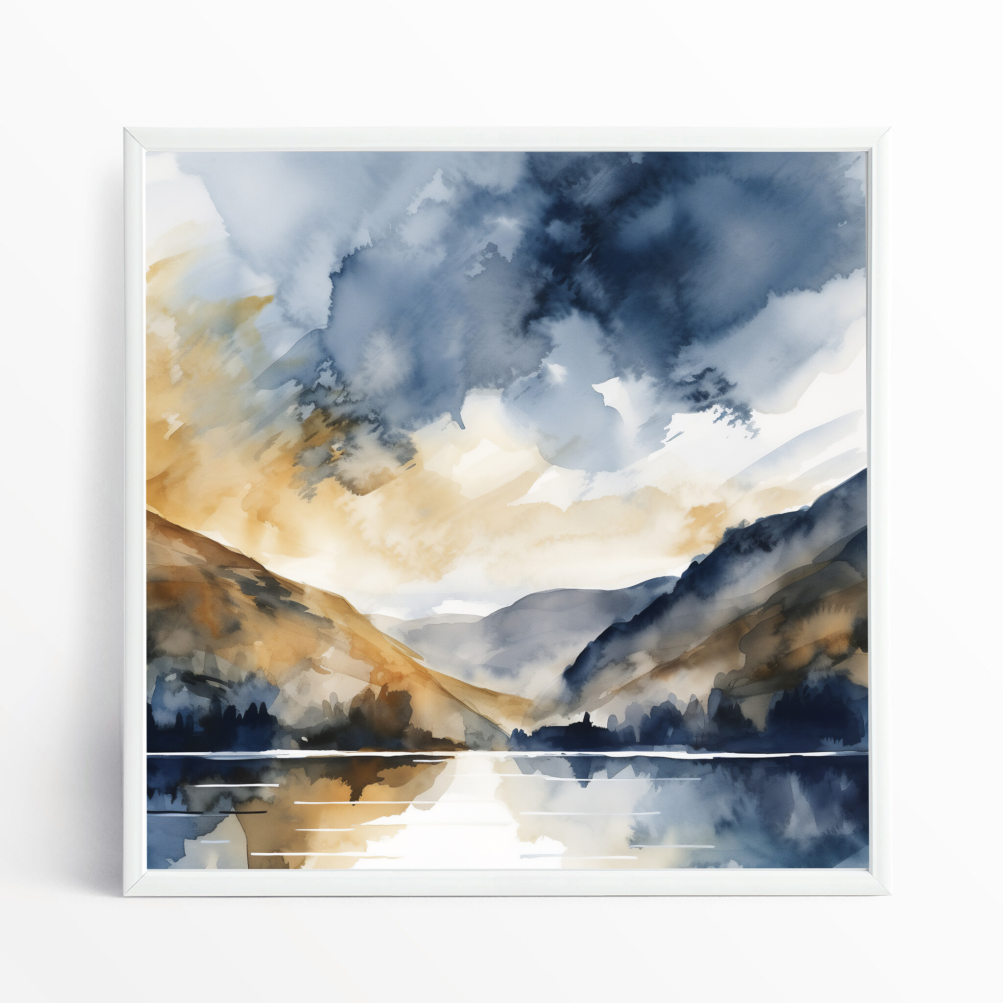 Thirlmere Watercolor Landscape Blue Tones Living Room Art | Abstract Home Decor