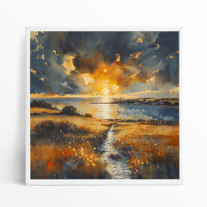 Donegal Sunset Glow Impressionist Blue Living Room Wall Art | Warm Golden Landscape Decor