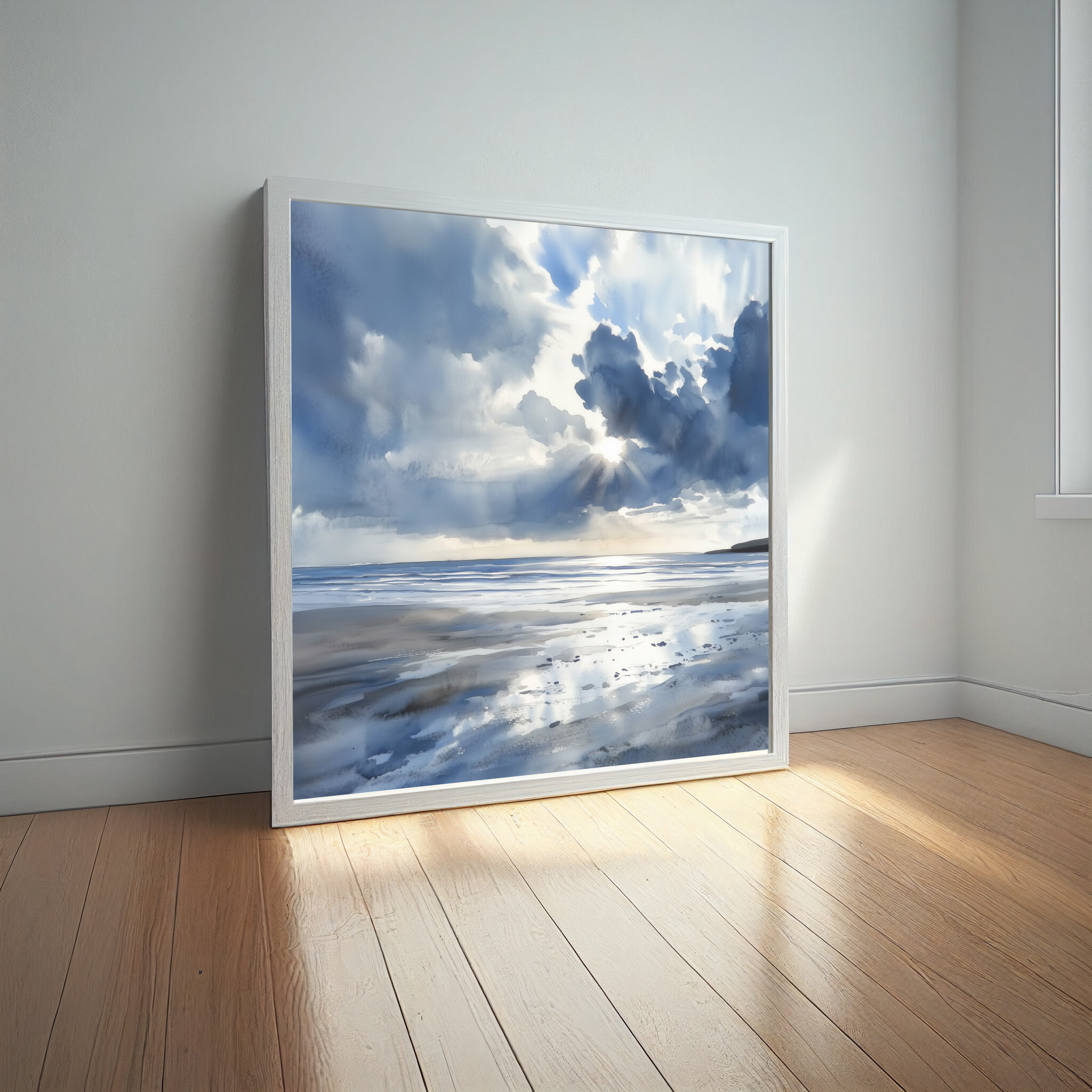Newyquay Coastal Blue Abstract Living Room Wall Art | Serene Landscape Home Decor -