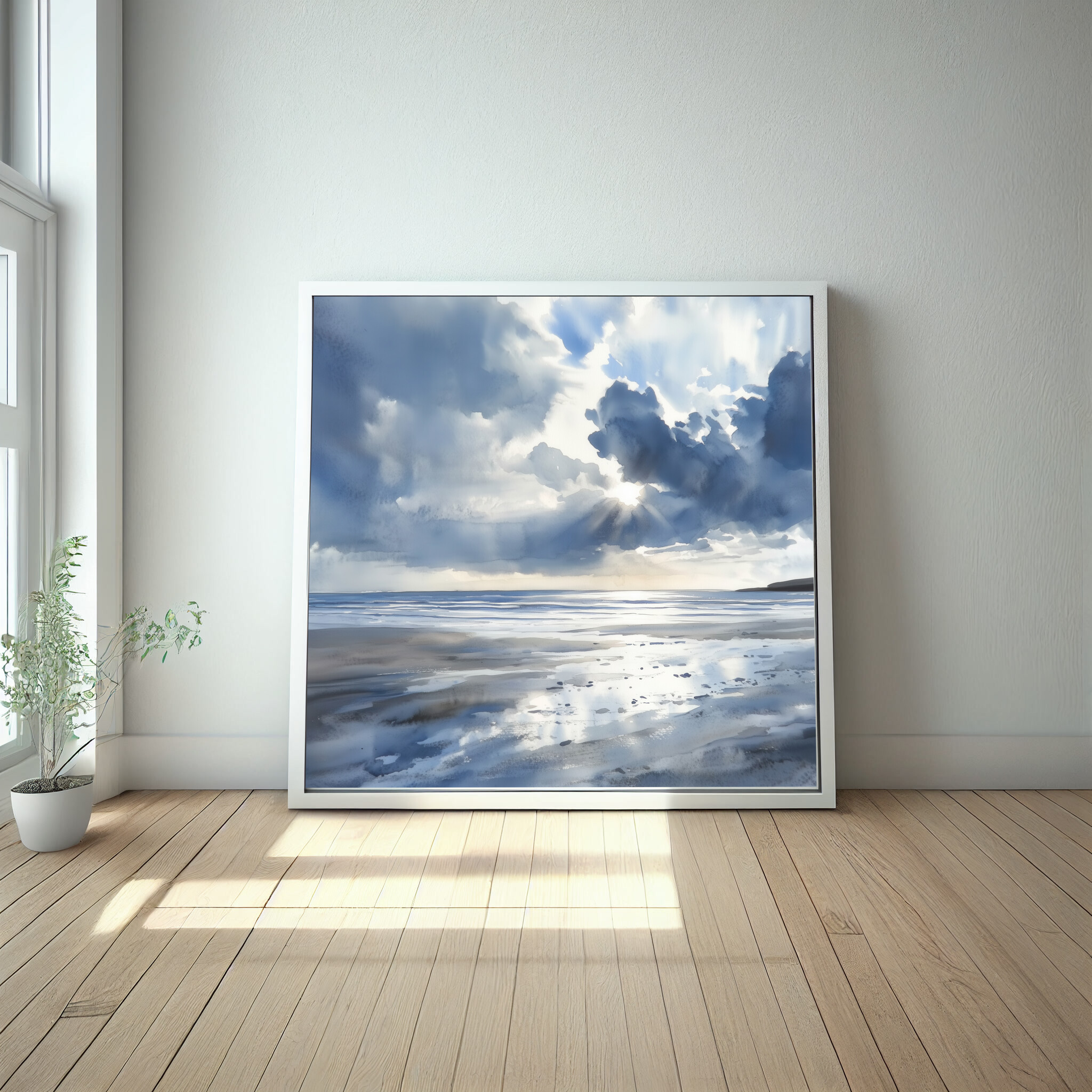 Newyquay Coastal Blue Abstract Living Room Wall Art | Serene Landscape Home Decor -