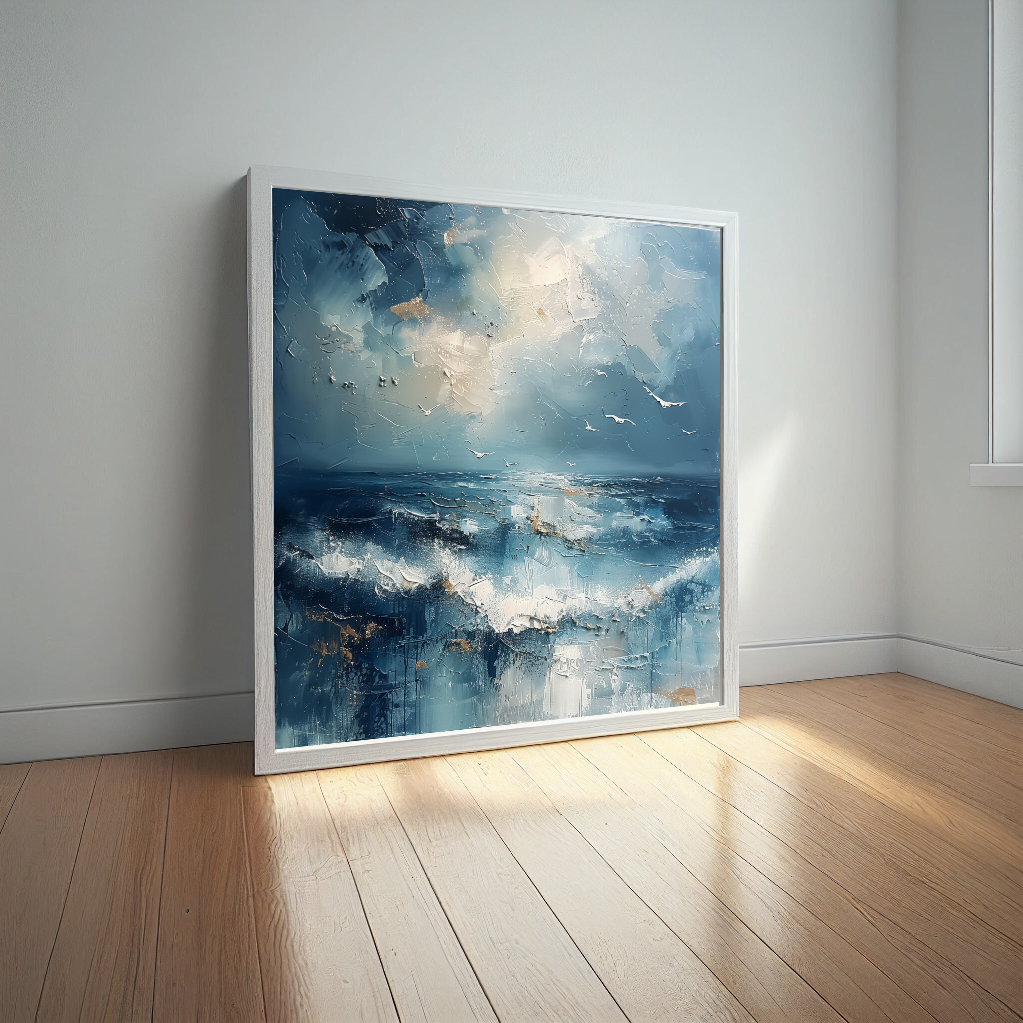 Donegal Seascape Impressionist Blue Living Room Wall Art | Calming Gold Accents Home Decor -