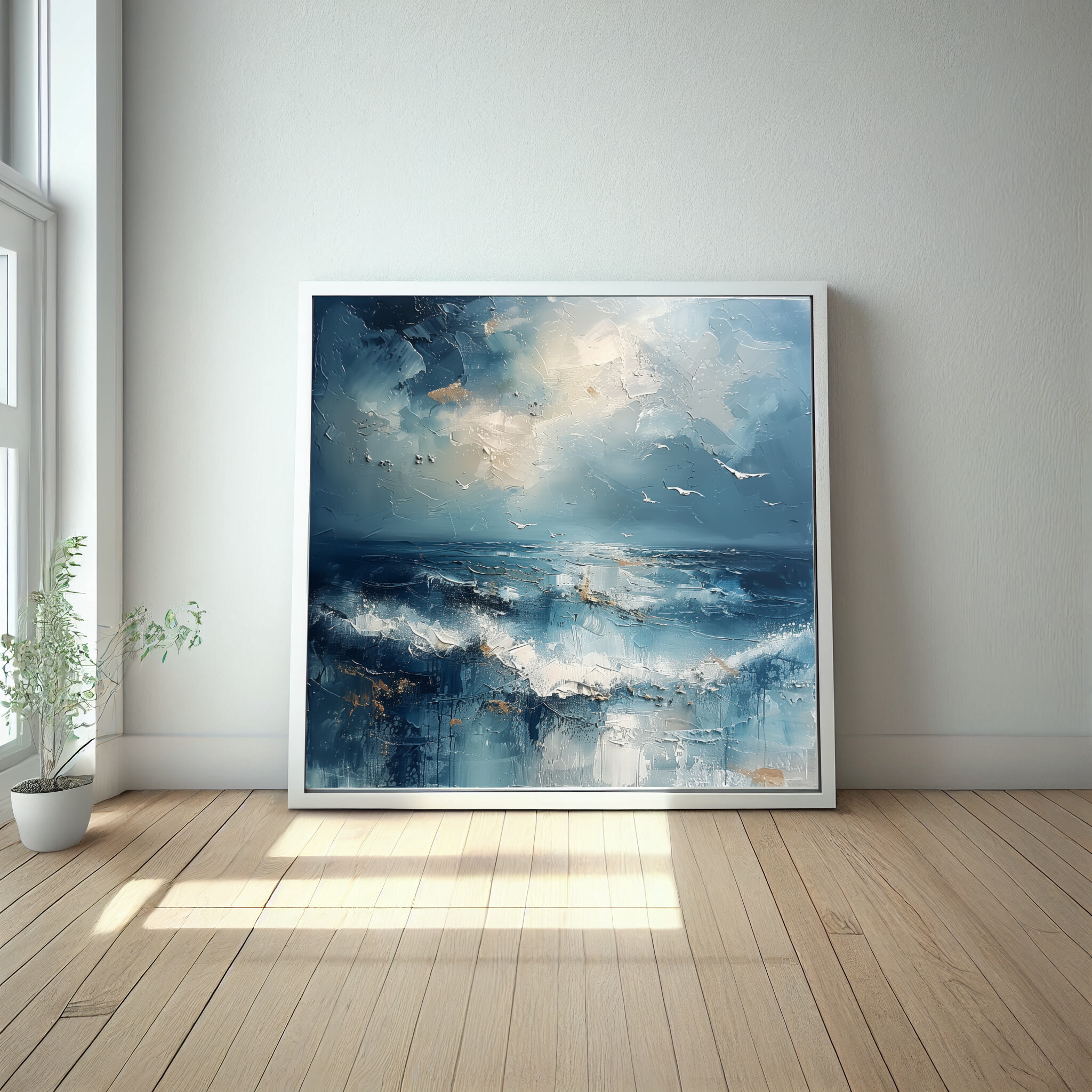 Donegal Seascape Impressionist Blue Living Room Wall Art | Calming Gold Accents Home Decor -