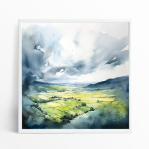 Southdowns Watercolour Impressionist Landscape Living Room Wall Art | Blue Green Decor