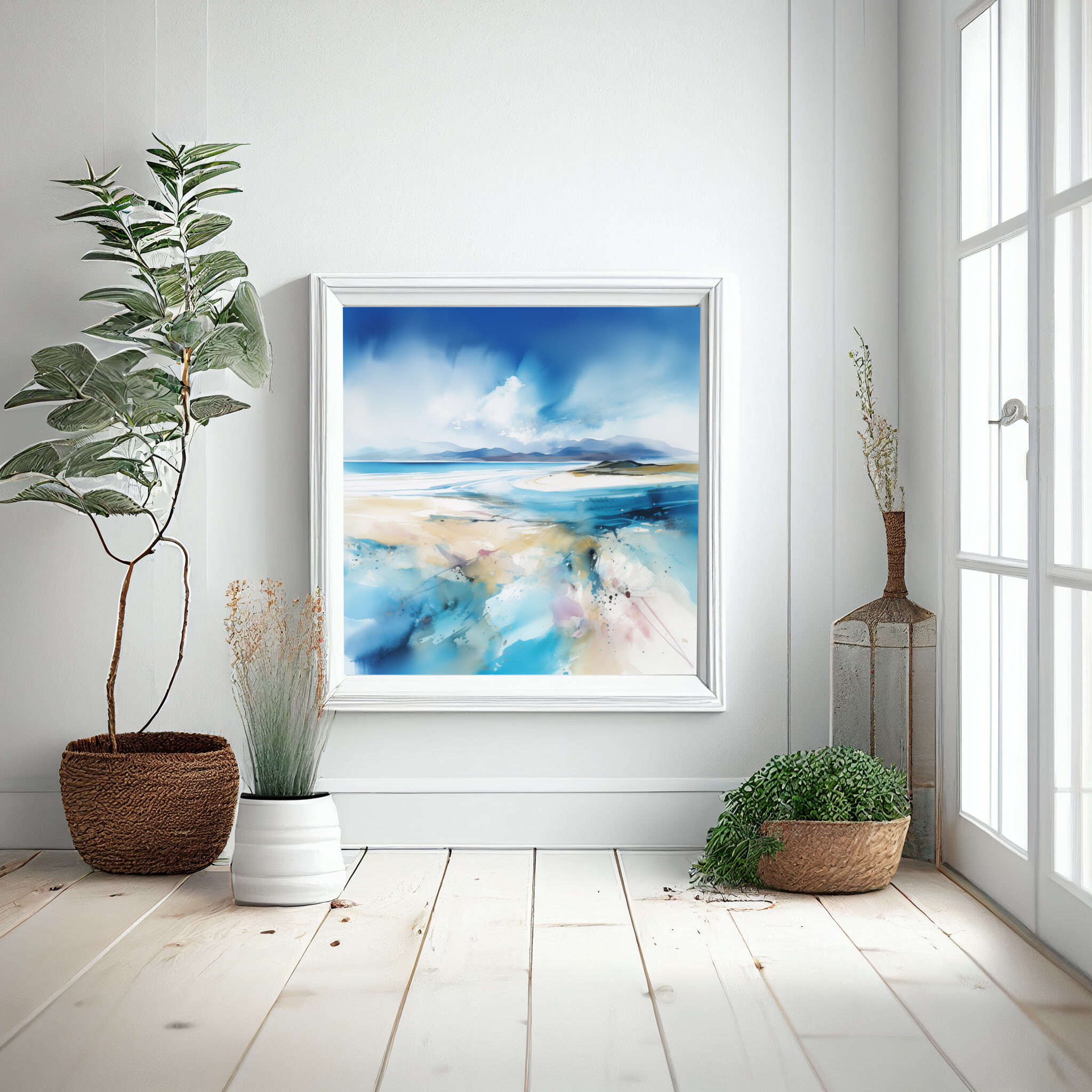 Luskenty Coastal Abstract Blue Landscape Living Room Wall Art | Contemporary Ocean Decor -