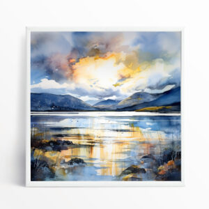 Lake District Watercolour Blue Landscape Living Room Wall Art | Serene Mountain Home Decor
