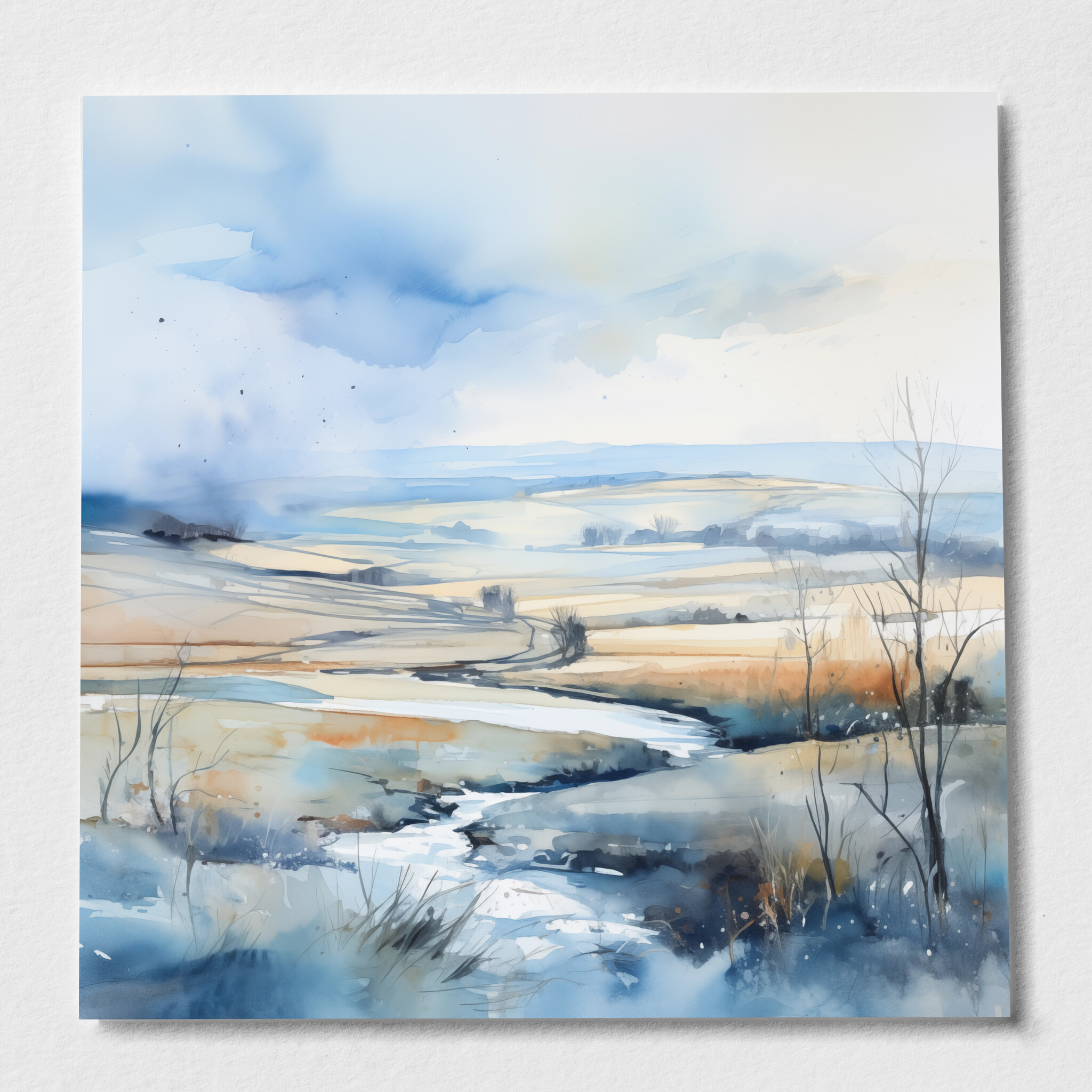 Southdowns Watercolour Landscape Blue Art Living Room Wall Art | Modern Home Decor Canvas Print - P