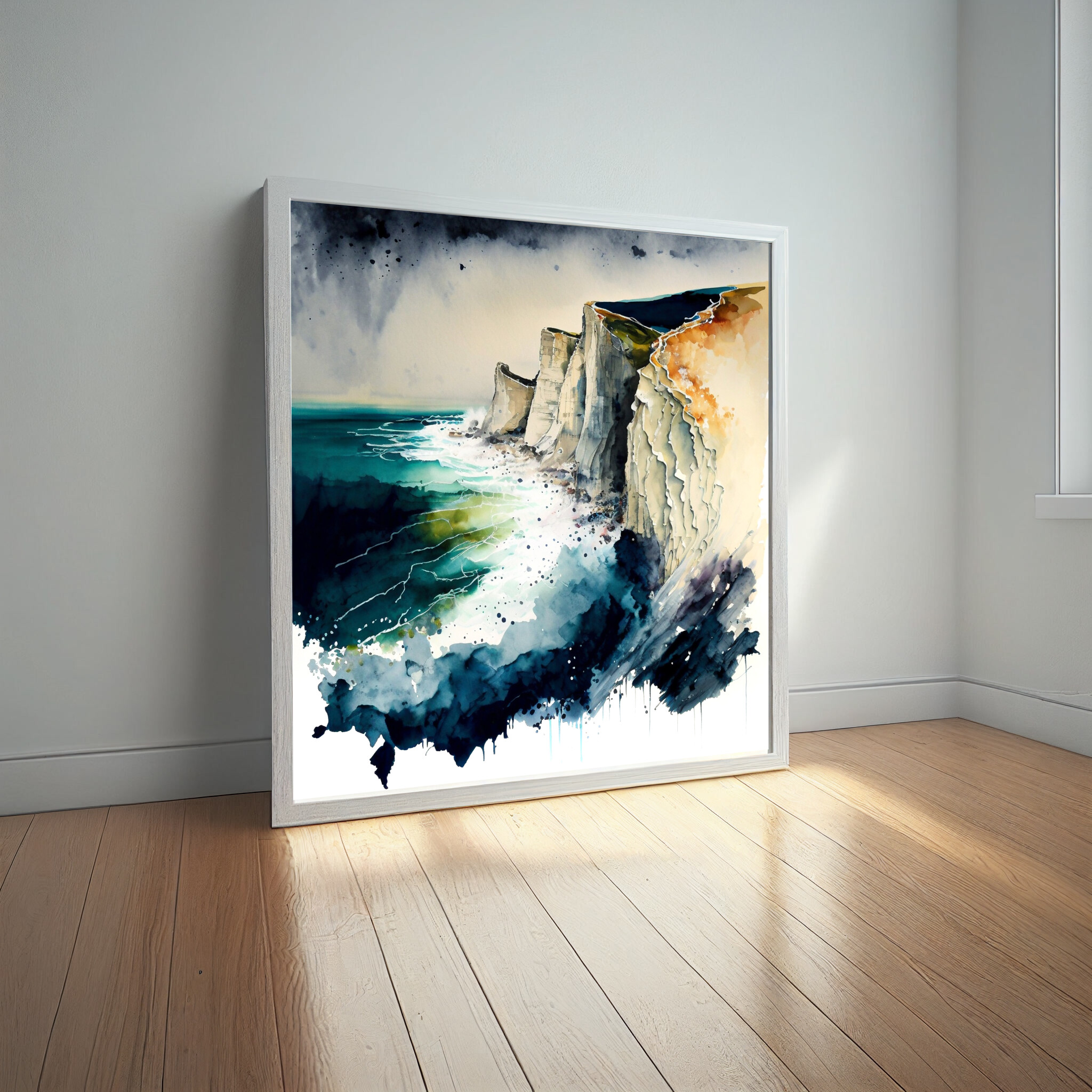 Birling Gap Coastal Watercolour Blue Landscape Living Room Wall Art | Abstract Nature Decor -